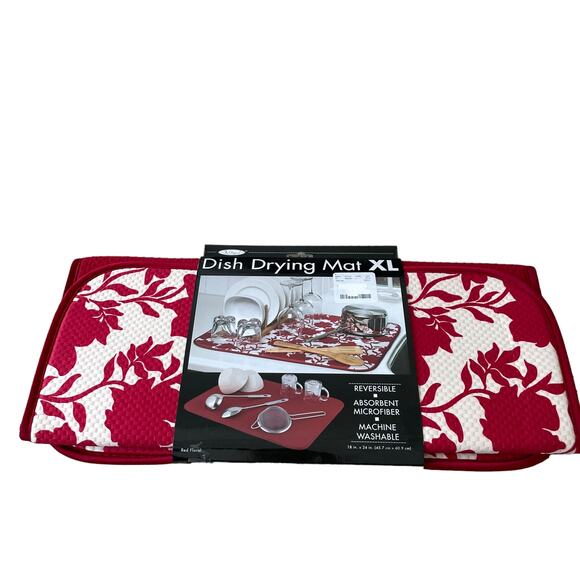 The ORIGINAL Dish Drying Mat XL Holiday Red & White Fall Floral Decor 18x24 NEW - Picture 11 of 15